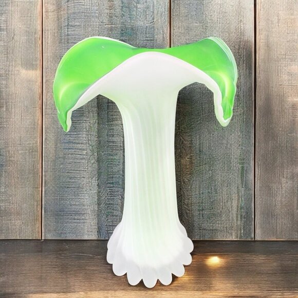 1970s Frosted Green Leaf Shaped Top Glass Vase Vessel Jack In The Pulpit Vintage - Picture 2 of 16